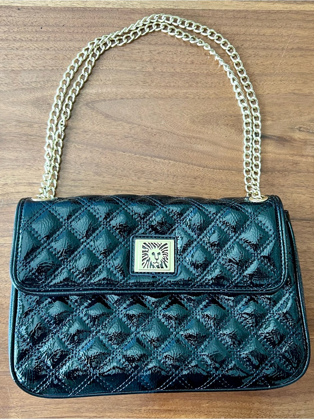 Anne Klein Black Quilted Patent Shoulder Bag with Gold Chain